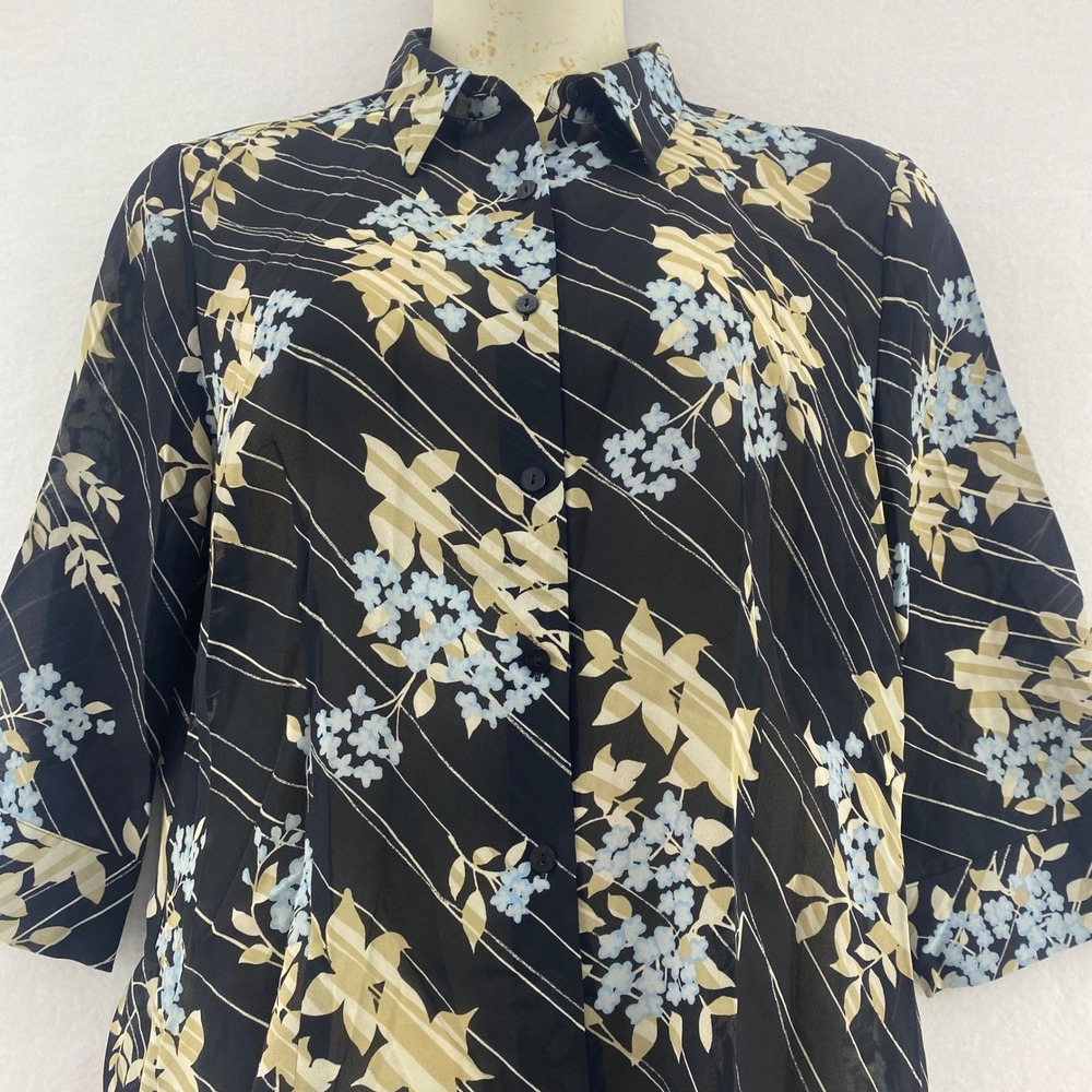 Apostrophe 18 Floral‎ Button Up Top Sheer 3/4 Sleeve Blouse Black Minimalist